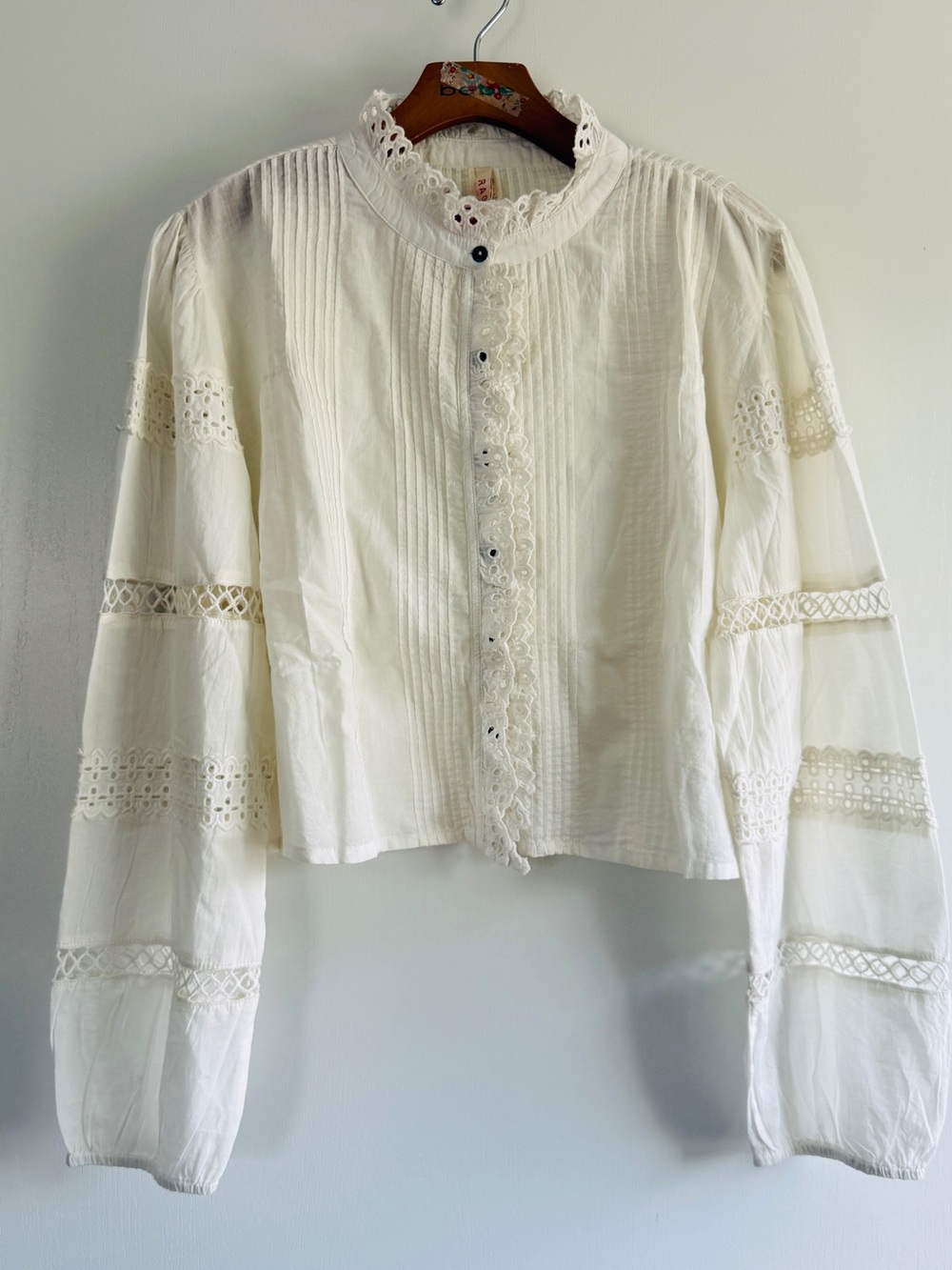 RAGA Cream Lace and Ruffle Trim Pintuck Button Up Top Blouse Feminine Boho
